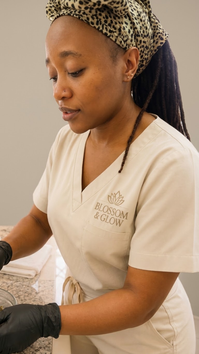 Therapist preparing a treatment in the Blossom & Glow studio